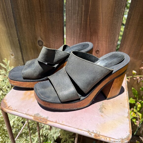 Vintage 1980s Original Candie's Leather & Wood Platform Sandals Black - Picture 1 of 8